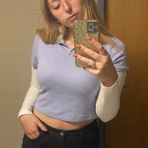 Blue button cropped collared T-shirt